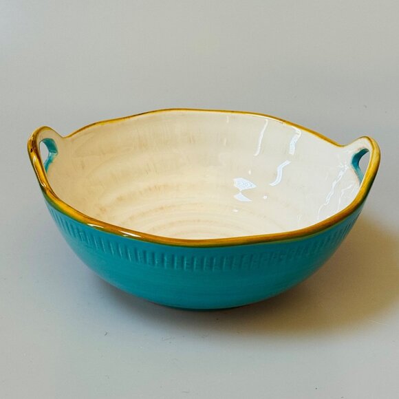 ROSCHER  COLLECTION “Beach BBQ” Earthware Blue Serving Bowl with Handles - Picture 7 of 7